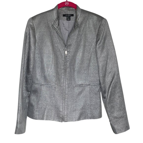 LOUBEN 4 Gray Silver Shimmer Metallic Tweed Zip Front Blazer Jacket Chic‎ Classy - Picture 1 of 4
